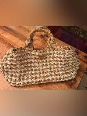 Prada Bicolor Woven Raffia Crochet Canapa Tote